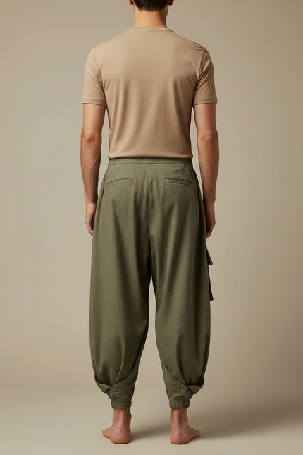 Pantalon Japonais Cargo Ample Vert Kaki Décontracté - Coton - vue 2
