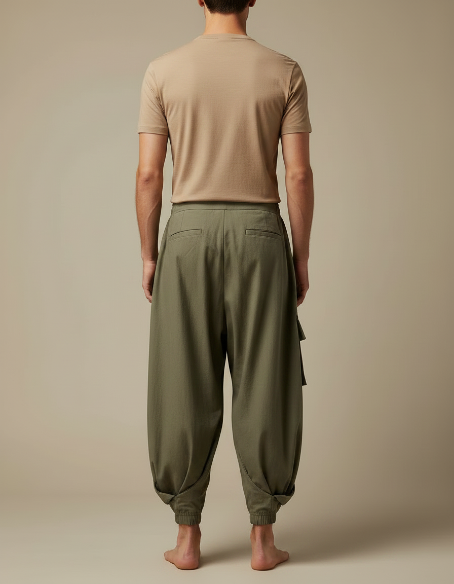 Pantalon Japonais Cargo Ample Vert Kaki Décontracté - Coton - vue 2