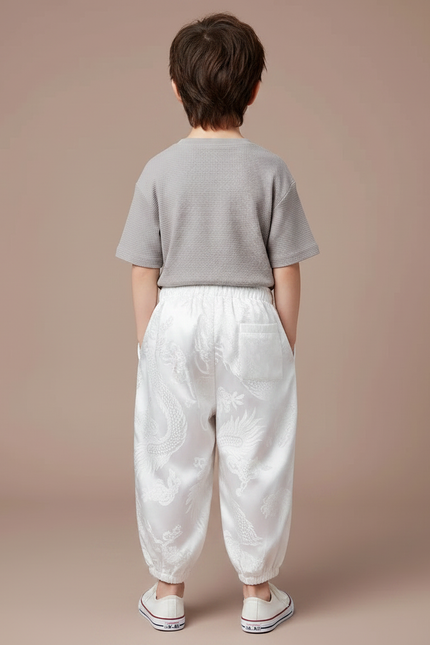 Pantalon Japonais Blanc Brodé Dragon Ample Enfant - Satin - vue 2