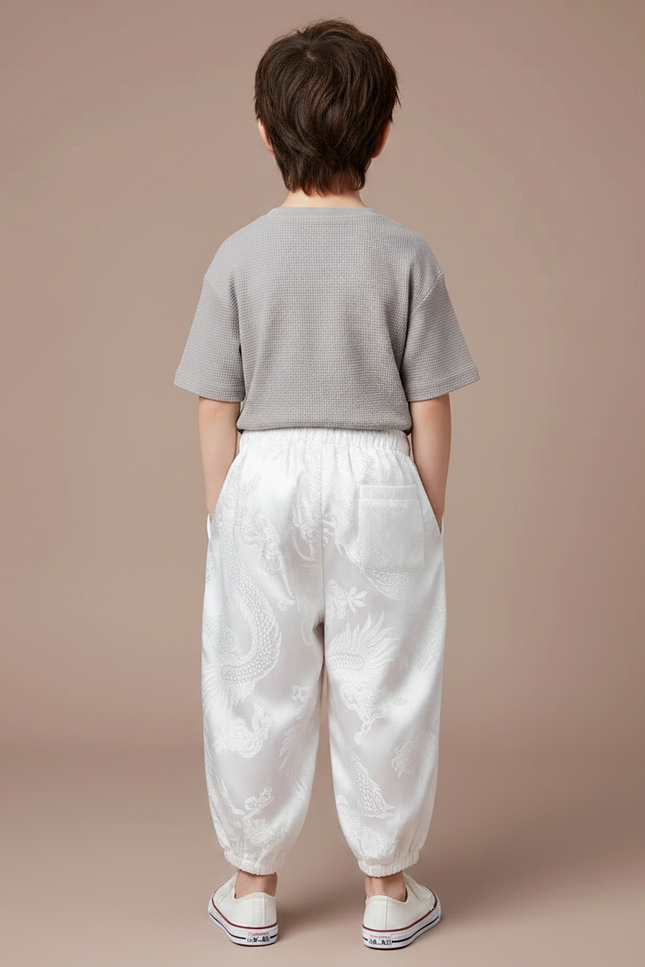 Pantalon Japonais Blanc Brodé Dragon Ample Enfant - Satin - vue 2