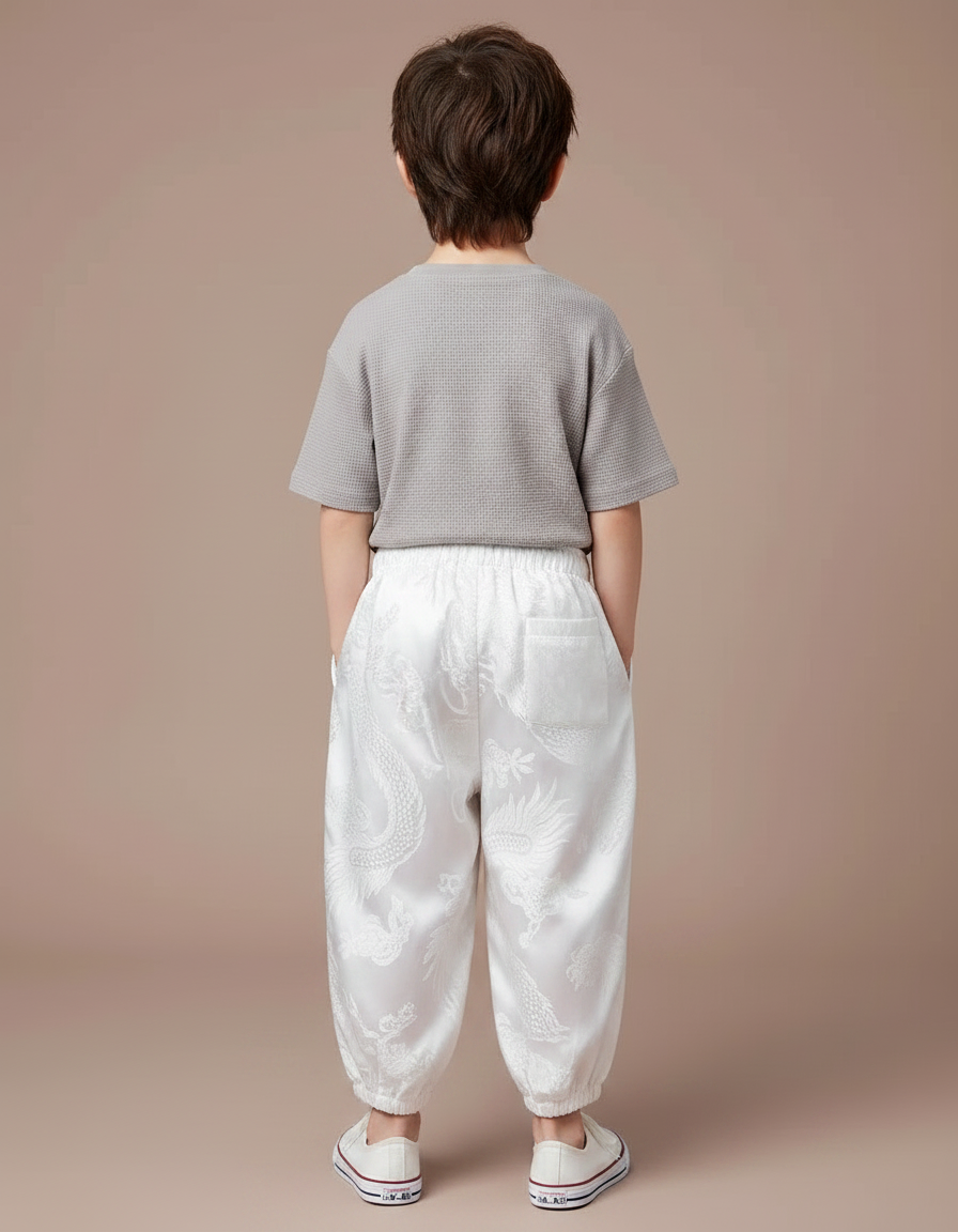 Pantalon Japonais Blanc Brodé Dragon Ample Enfant - Satin - vue 2