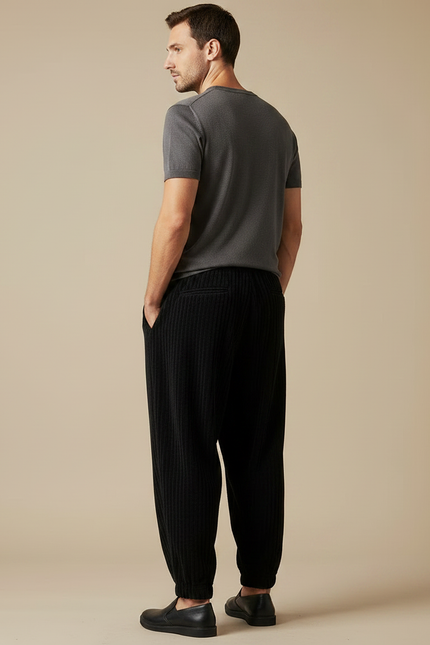 Pantalon Japonais Noir Côtelé Ample Cordon Décontracté - Cordé - vue 2