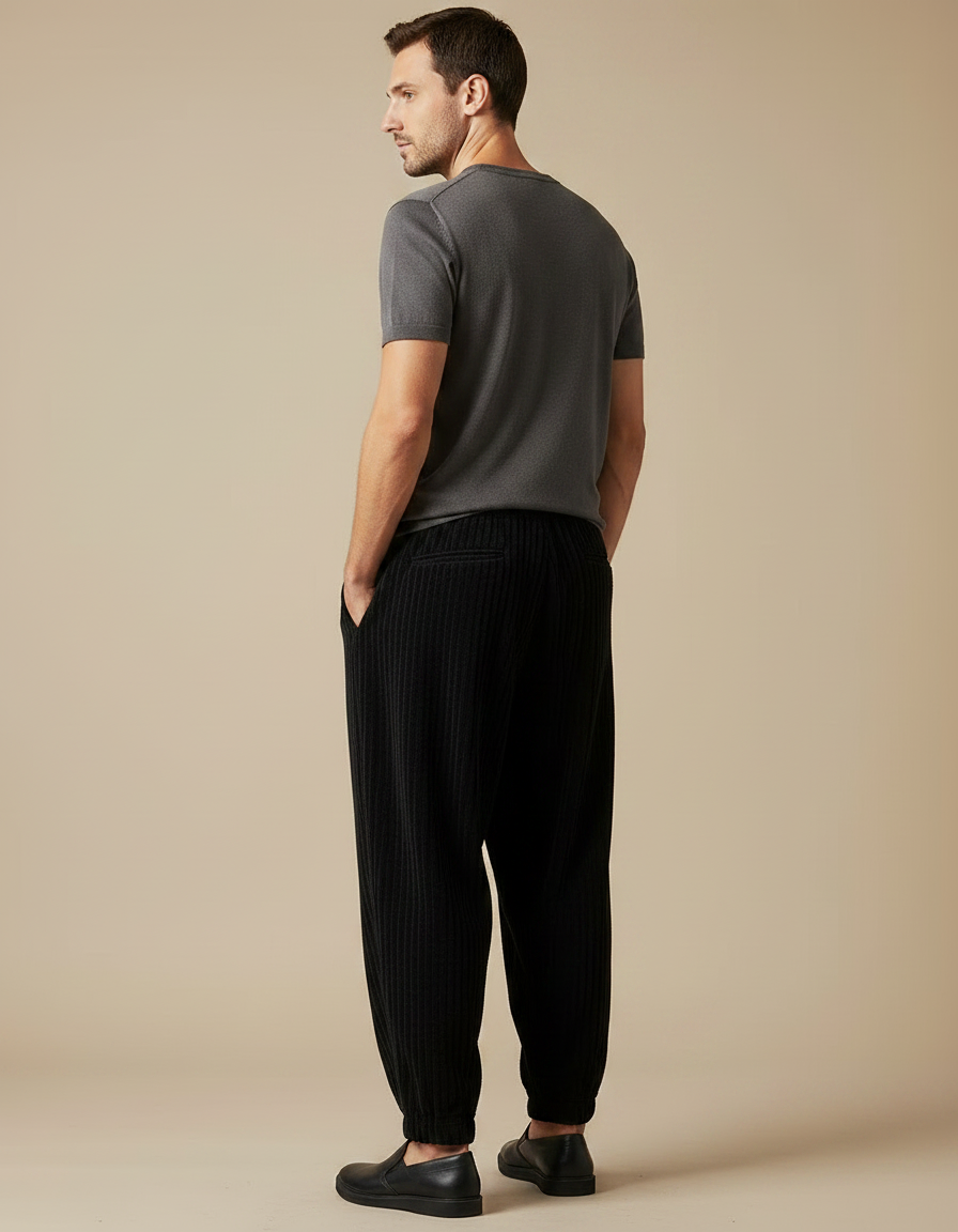 Pantalon Japonais Noir Côtelé Ample Cordon Décontracté - Cordé - vue 2