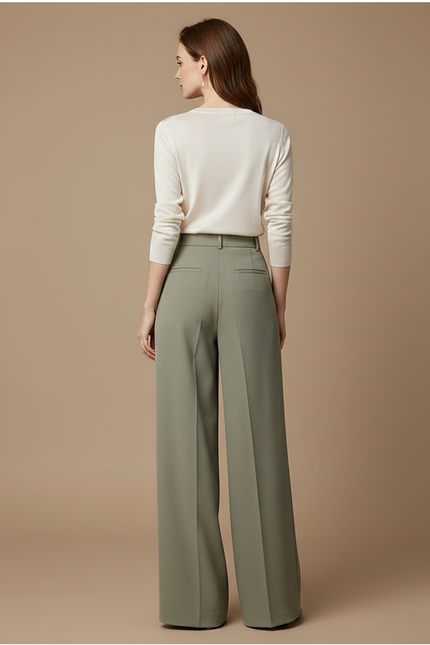 Pantalon Japonais Vert Ample Fluide Taille Haute Élégant - Kaki Polyester - vue 2