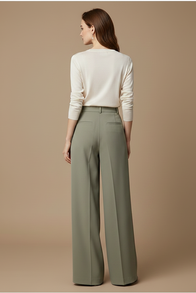 Pantalon Japonais Vert Ample Fluide Taille Haute Élégant - Kaki Polyester - vue 2