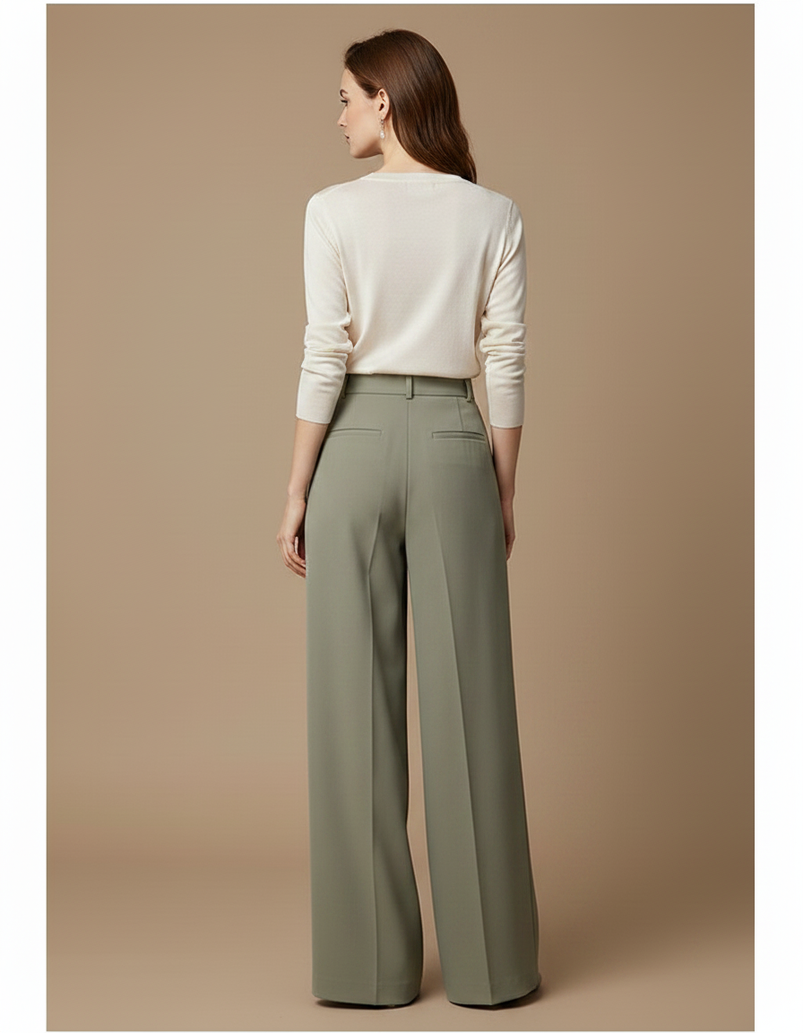 Pantalon Japonais Vert Ample Fluide Taille Haute Élégant - Kaki Polyester - vue 2