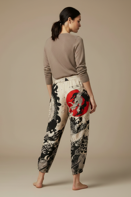 Pantalon Japonais Dragon Soleil Ample Fluide Imprimé - Viscose - vue 2