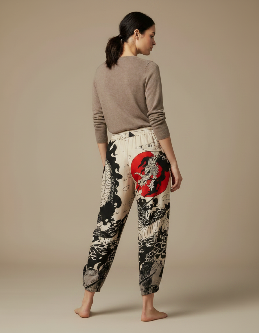 Pantalon Japonais Dragon Soleil Ample Fluide Imprimé - Viscose - vue 2