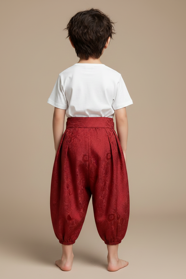 Pantalon Japonais Rouge Brodé Ample Bouffant Enfant - Soie - vue 2