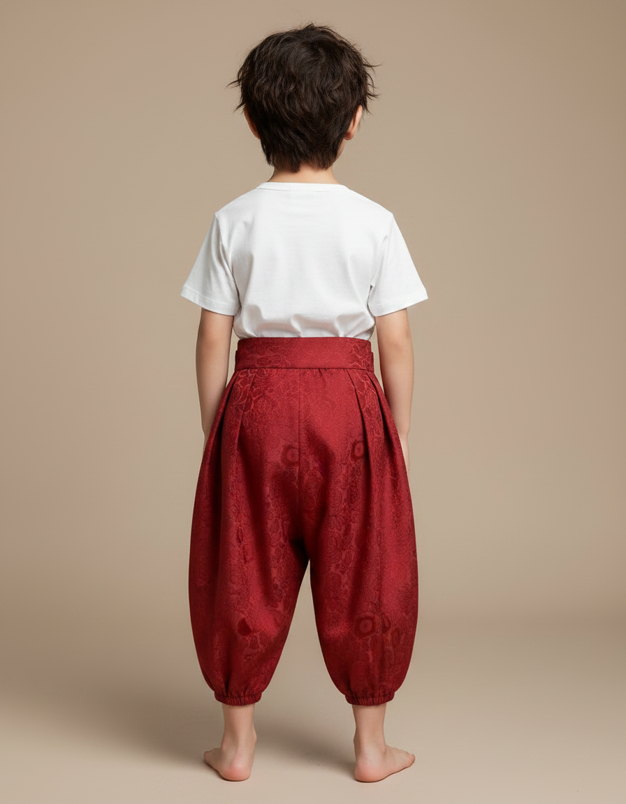 Pantalon Japonais Rouge Brodé Ample Bouffant Enfant - Soie - vue 2