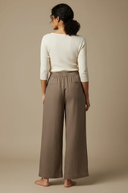 Pantalon Japonais Marron Ample Lin Fluide Décontracté - vue 2