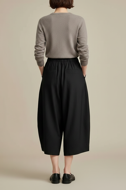 Pantalon Japonais Noir Fluide Ample Texturé Décontracté - Coton - vue 2