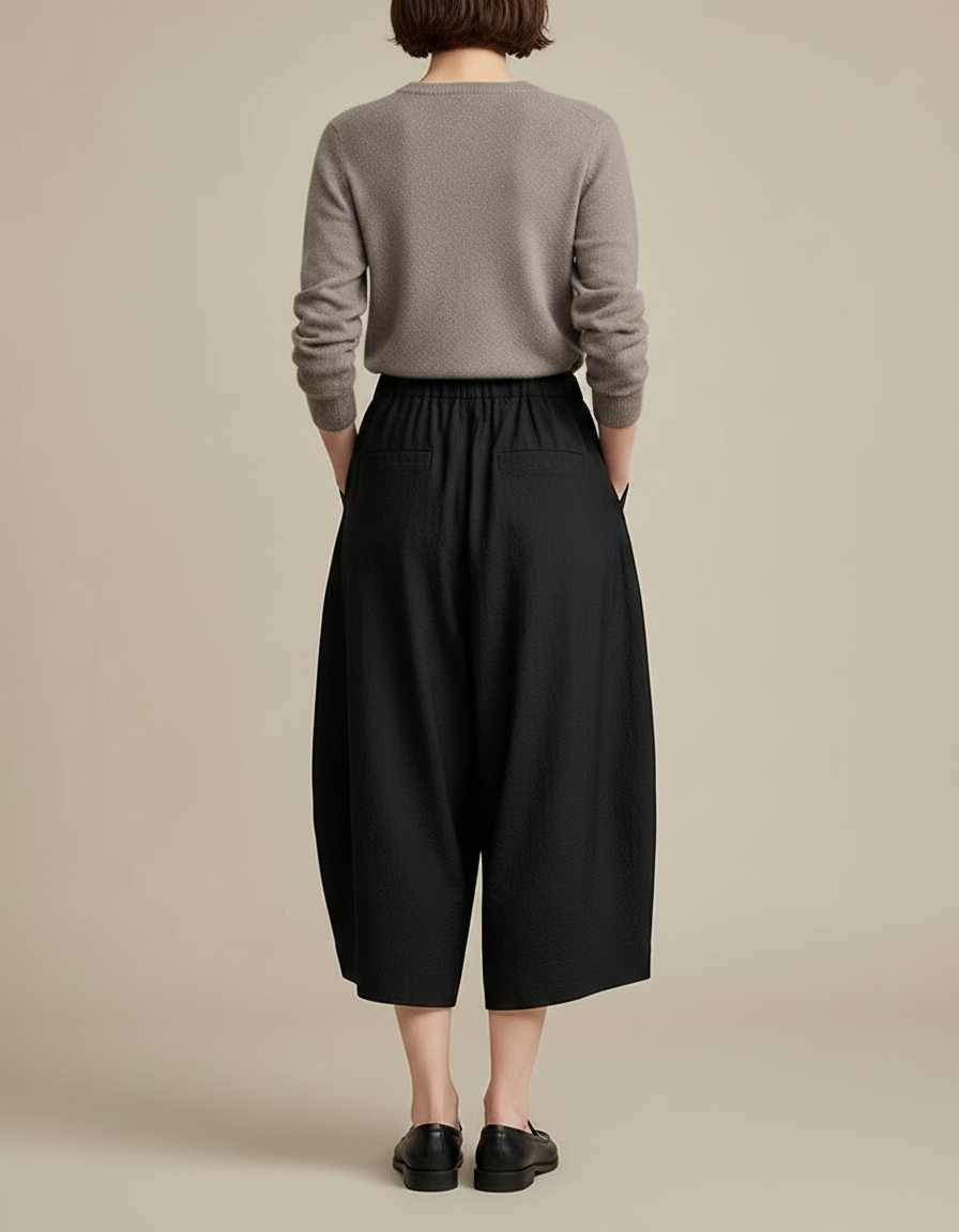 Pantalon Japonais Noir Fluide Ample Texturé Décontracté - Coton - vue 2