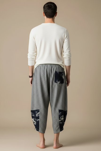 Pantalon Japonais Gris Ample Patchwork Décontracté Coton - vue 2