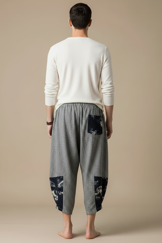 Pantalon Japonais Gris Ample Patchwork Décontracté Coton - vue 2
