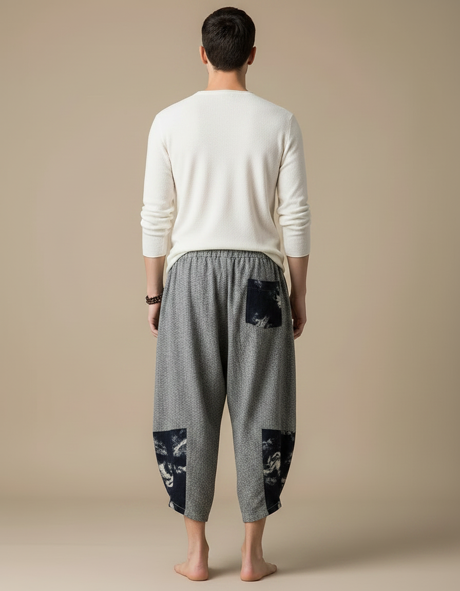 Pantalon Japonais Gris Ample Patchwork Décontracté Coton - vue 2