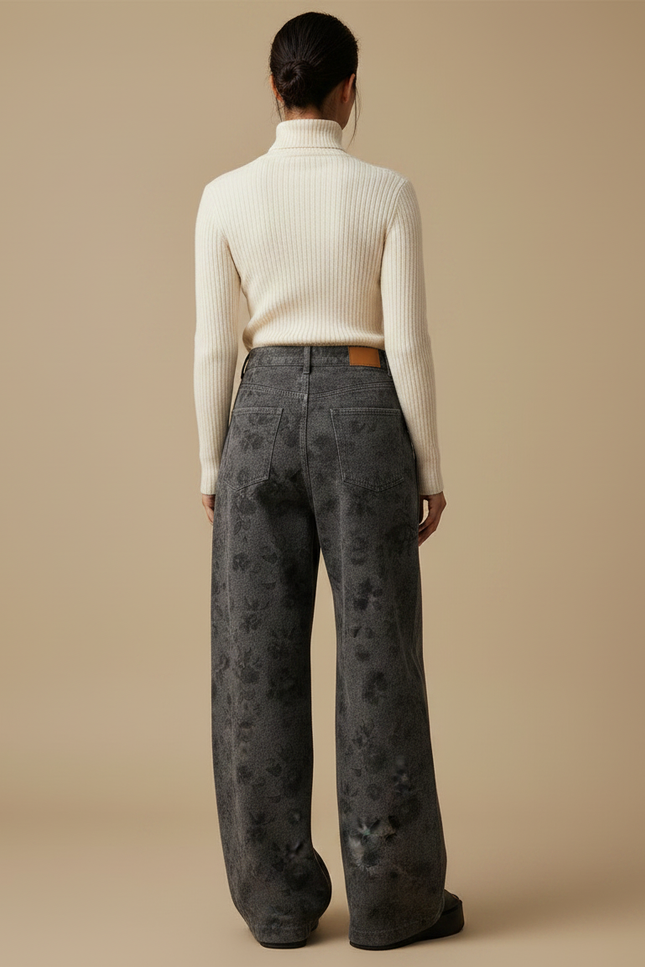 Pantalon Japonais Gris Ample Fleuri Denim Femme - Jean - vue 2