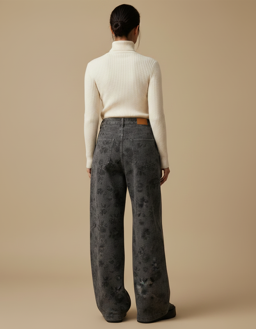 Pantalon Japonais Gris Ample Fleuri Denim Femme - Jean - vue 2