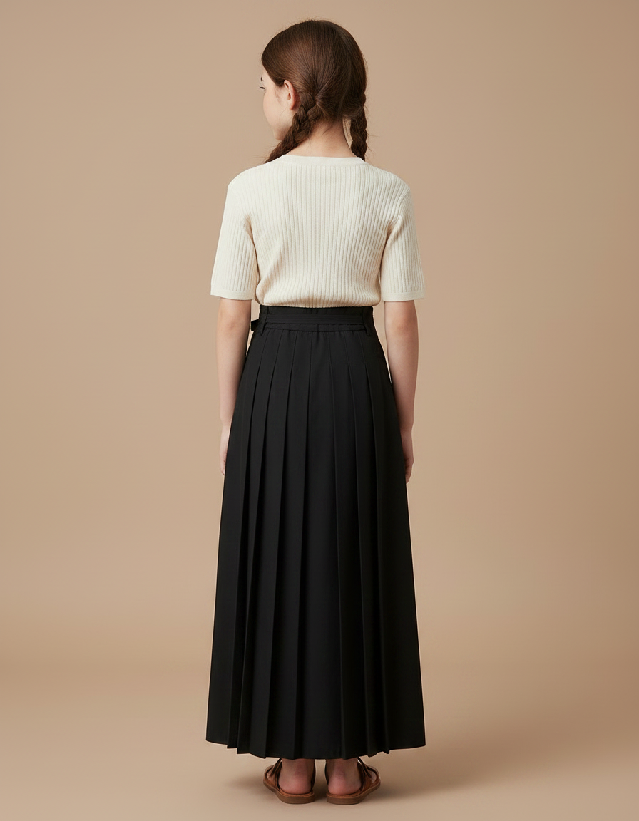 Pantalon Japonais Plissé Noir Ample Fille Ceinturé - Polyester - vue 2