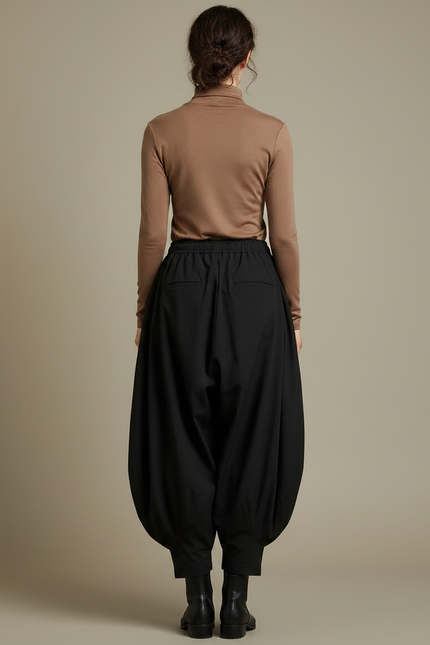 Pantalon Japonais Noir Bouffant Ample Coton Fluide Décontracté - vue 2