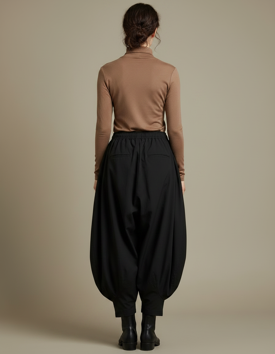 Pantalon Japonais Noir Bouffant Ample Coton Fluide Décontracté - vue 2