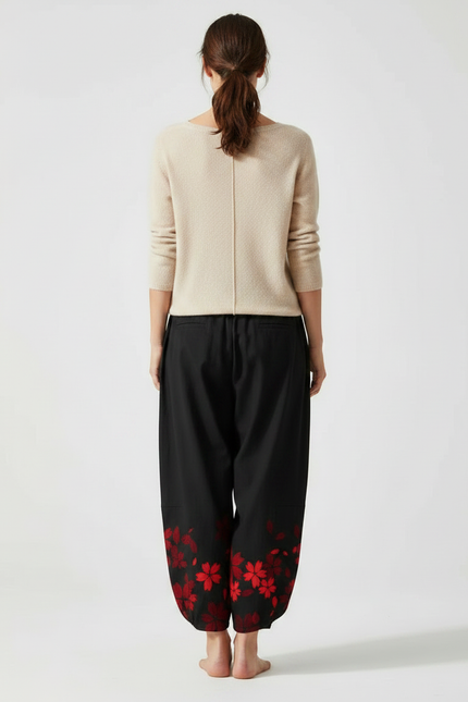 Pantalon Japonais Noir Fleuri Ample Fluide Rouge - Viscose - vue 2