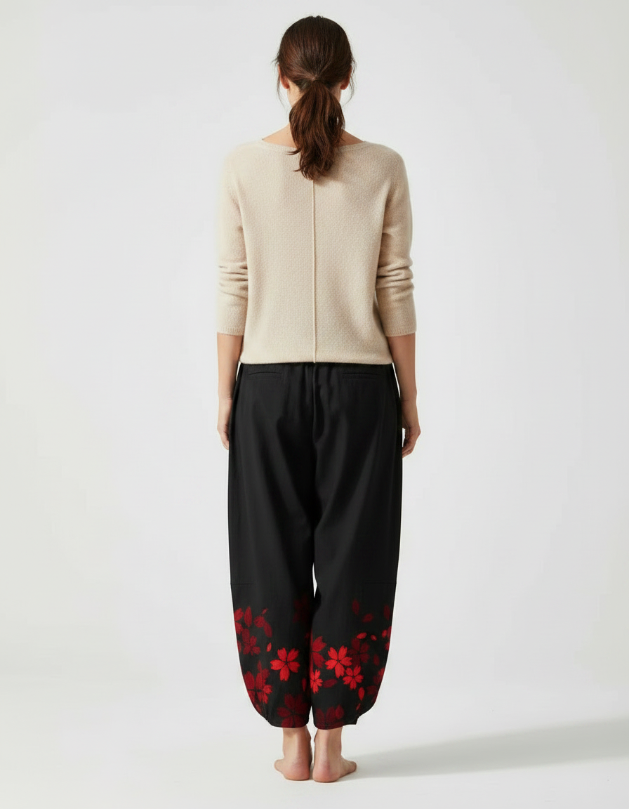Pantalon Japonais Noir Fleuri Ample Fluide Rouge - Viscose - vue 2