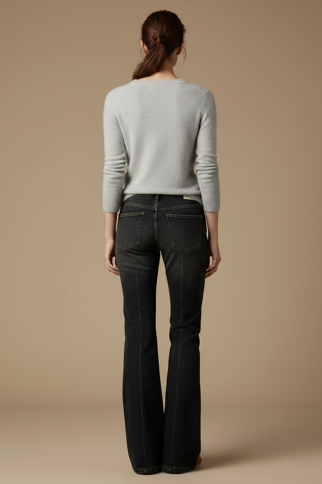Pantalon Japonais Noir Délavé Brodé Floral Évasé Femme - Jean - vue 2