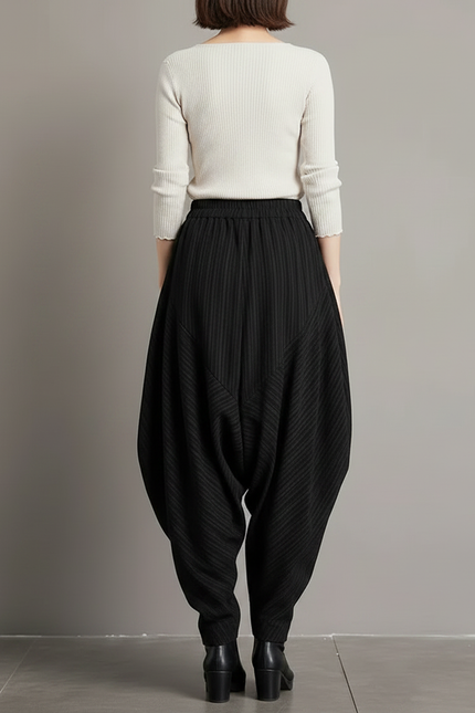 Pantalon Japonais Noir Plissé Ample Femme Rayé - Polyester - vue 2