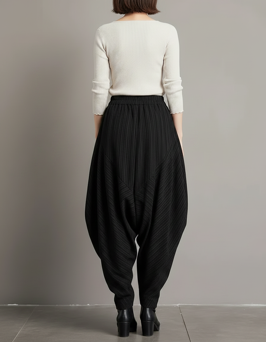 Pantalon Japonais Noir Plissé Ample Femme Rayé - Polyester - vue 2