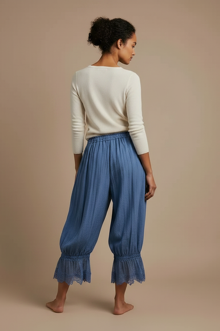 Pantalon Japonais Bleu Fluide Ample Dentelle Cordon - Lin - vue 2