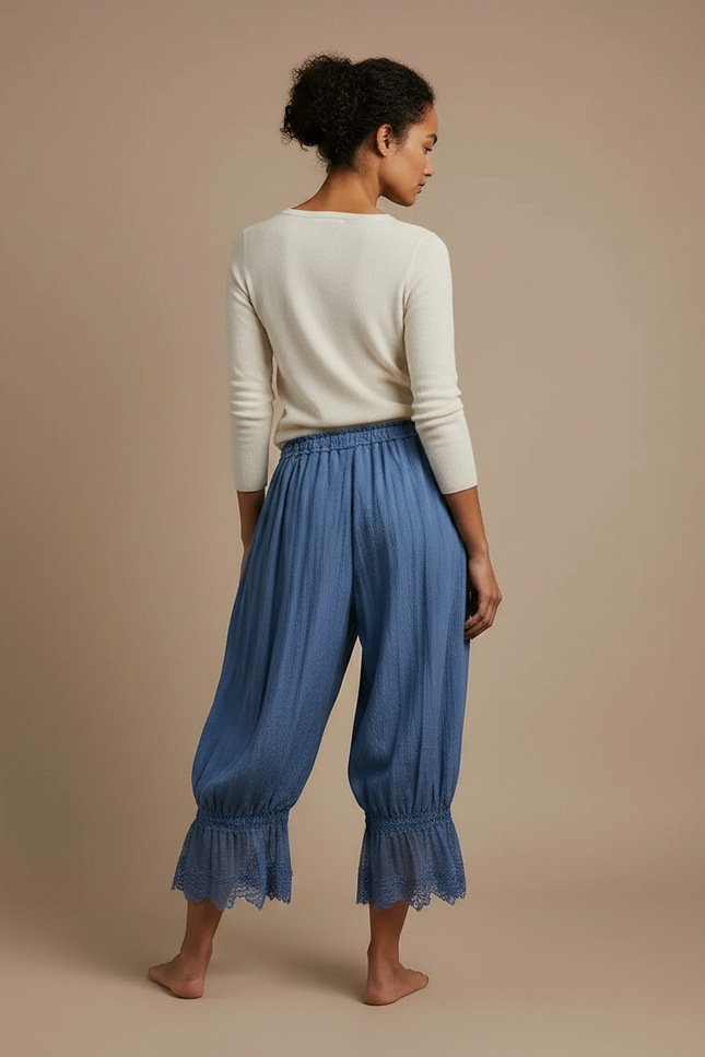 Pantalon Japonais Bleu Fluide Ample Dentelle Cordon - Lin - vue 2