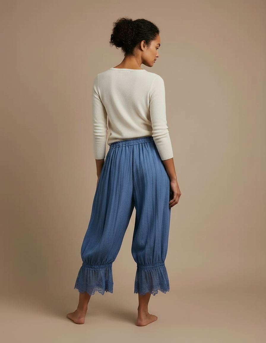 Pantalon Japonais Bleu Fluide Ample Dentelle Cordon - Lin - vue 2