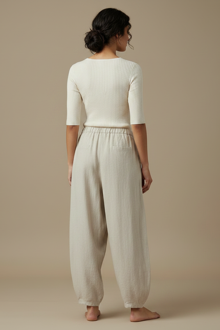Pantalon Japonais Beige Lin Ample Décontracté Femme - vue 2