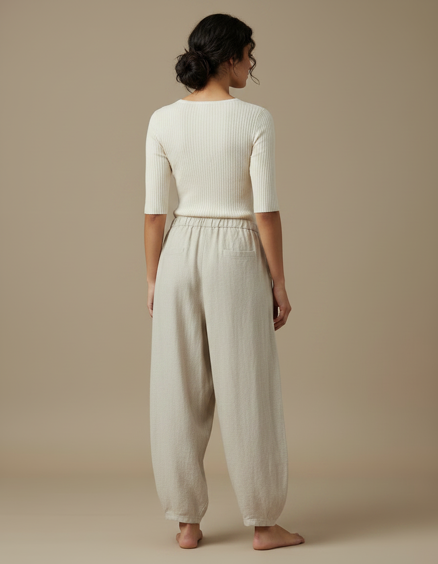 Pantalon Japonais Beige Lin Ample Décontracté Femme - vue 2