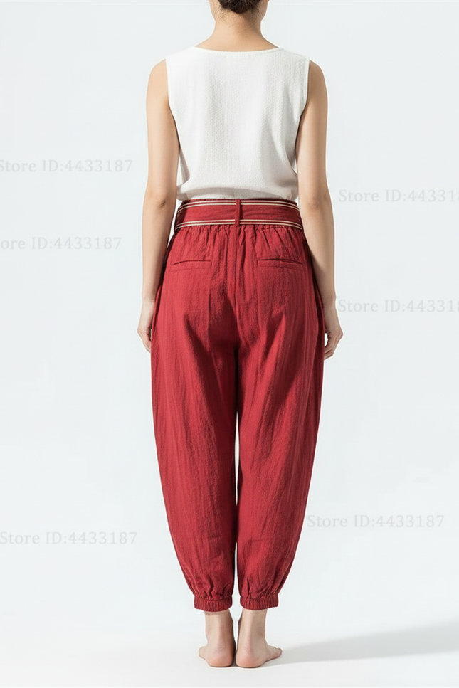 Pantalon Japonais Rouge Ample Coton Lin Brodé - vue 2