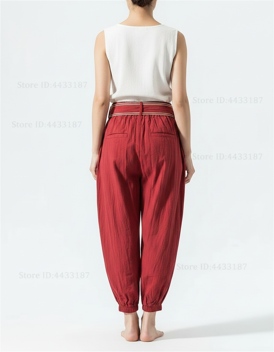 Pantalon Japonais Rouge Ample Coton Lin Brodé - vue 2