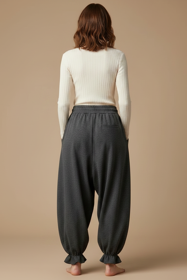 Pantalon Japonais Gris Ample Volants Cordon Décontracté - Molleton - vue 2