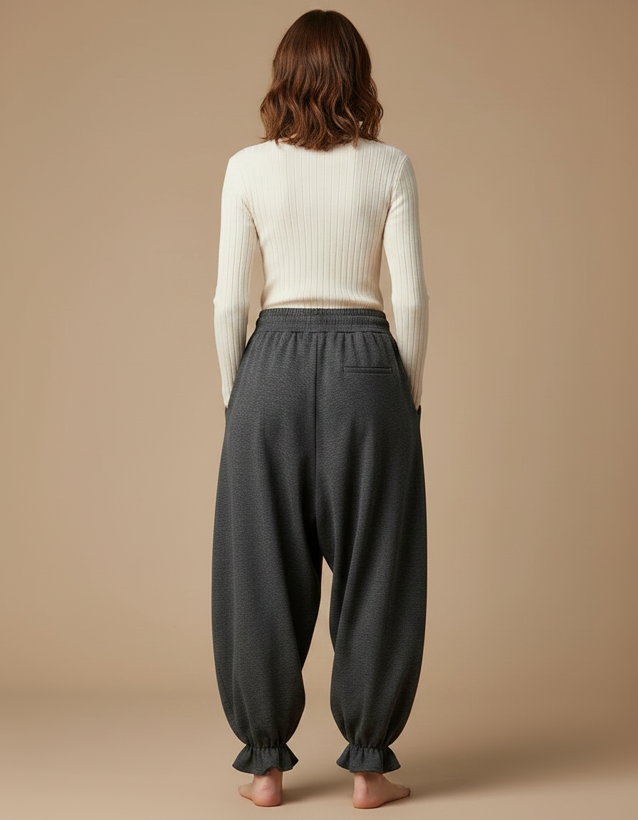 Pantalon Japonais Gris Ample Volants Cordon Décontracté - Molleton - vue 2