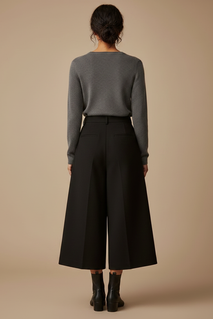 Pantalon Japonais Noir Laine Ample Court Élégant - vue 2