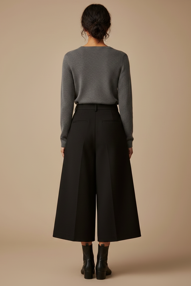 Pantalon Japonais Noir Laine Ample Court Élégant - vue 2