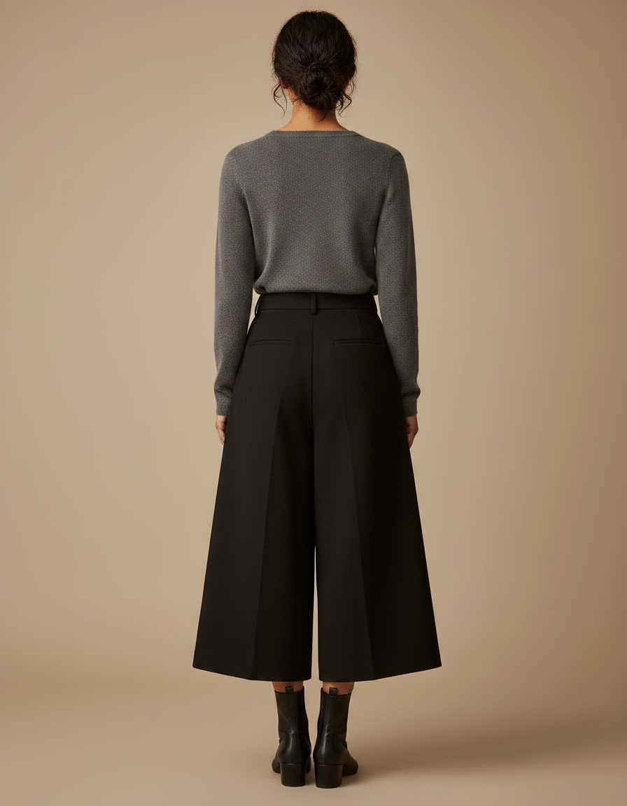 Pantalon Japonais Noir Laine Ample Court Élégant - vue 2