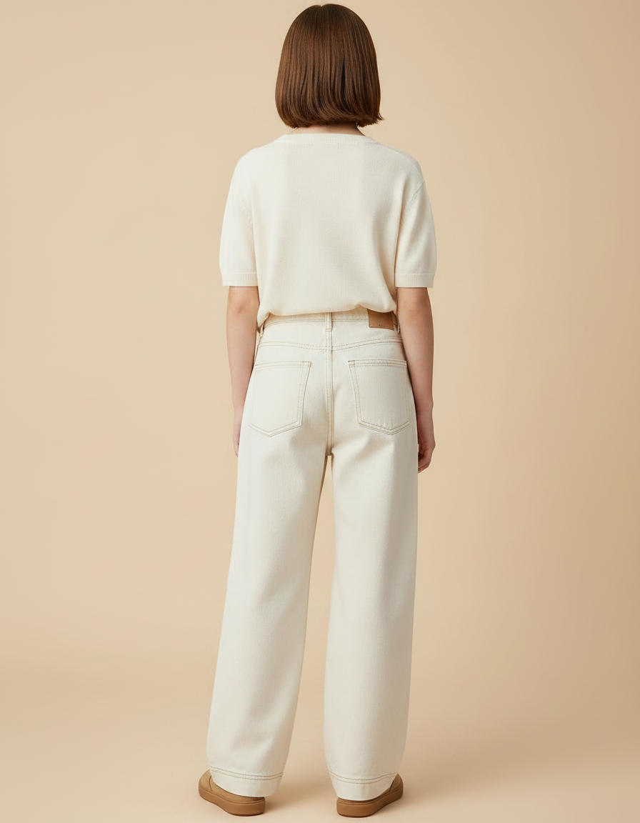 Pantalon Japonais Blanc Cassé Denim Ample Droit - Beige Jean - vue 2