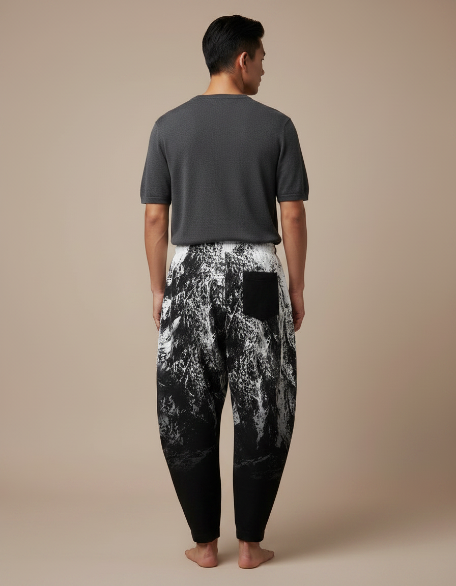 Pantalon Japonais Noir Blanc Ample Imprimé Harem Homme - Viscose - vue 2