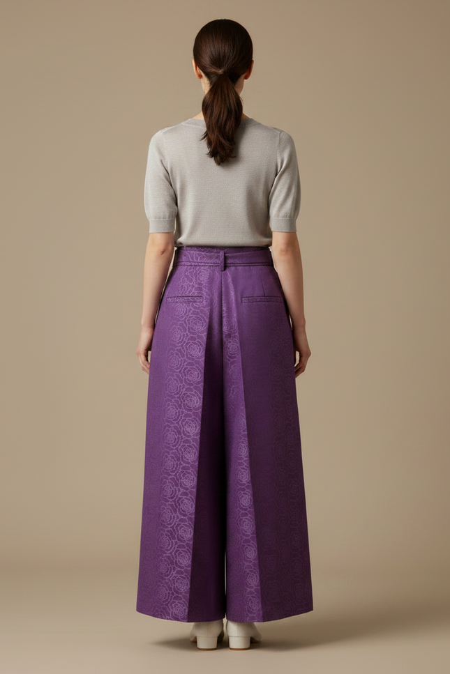 Pantalon Japonais Violet Plissé Fleuri Ceinturé Élégant - Polyester - vue 2