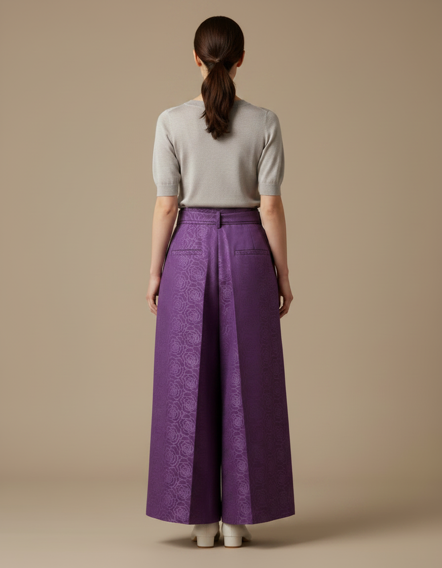 Pantalon Japonais Violet Plissé Fleuri Ceinturé Élégant - Polyester - vue 2