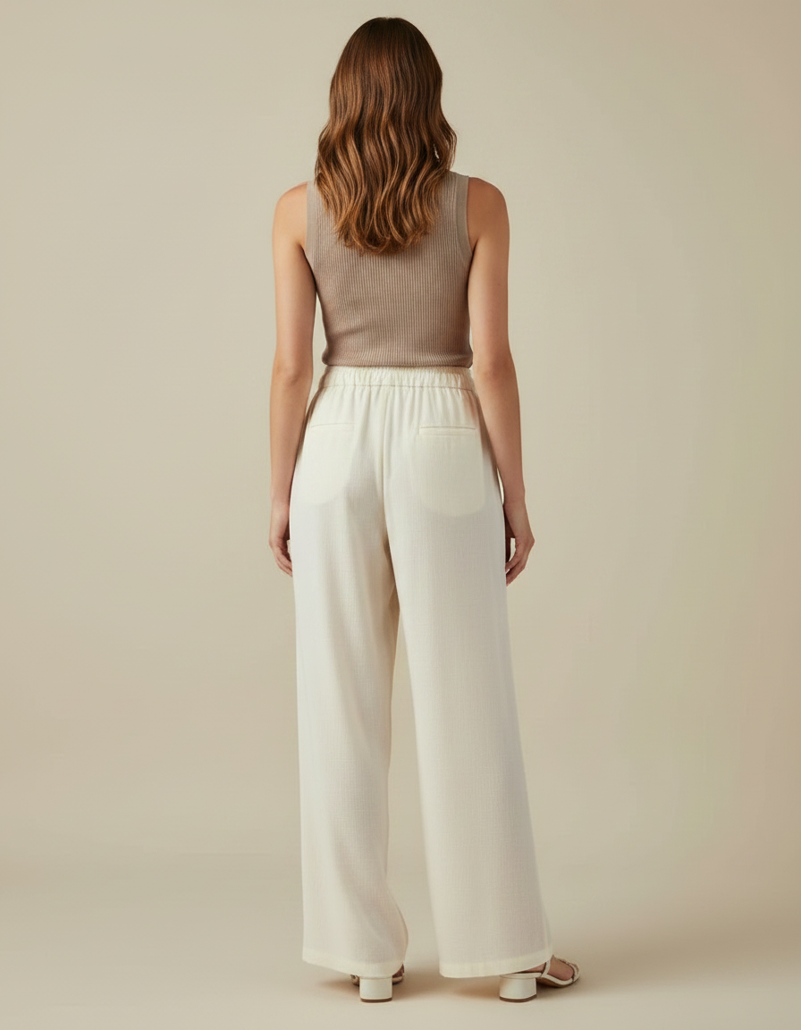 Pantalon Japonais Crème Ample Fluide Décontracté - Beige Lin - vue 2