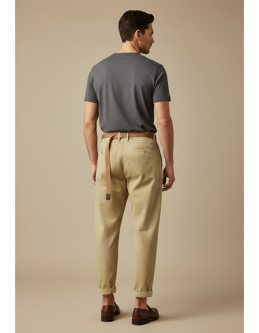 Pantalon Japonais Kaki Ample Coton Ceinturé Décontracté - vue 2