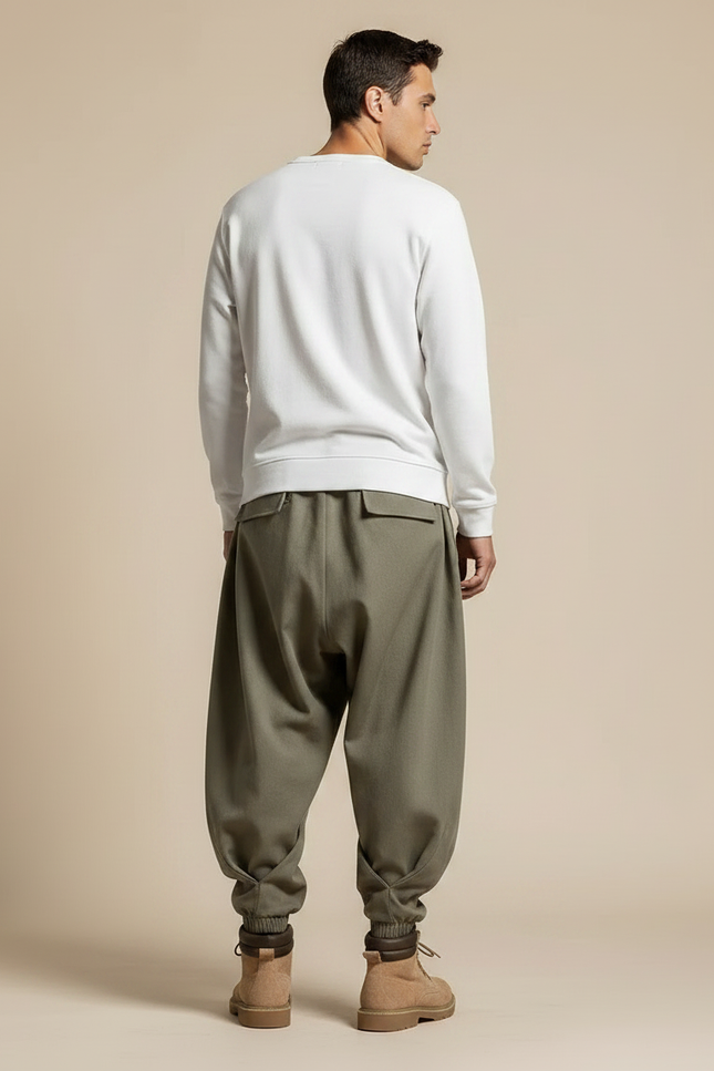 Pantalon Japonais Cargo Ample Vert Kaki Hiver - Molleton - vue 2