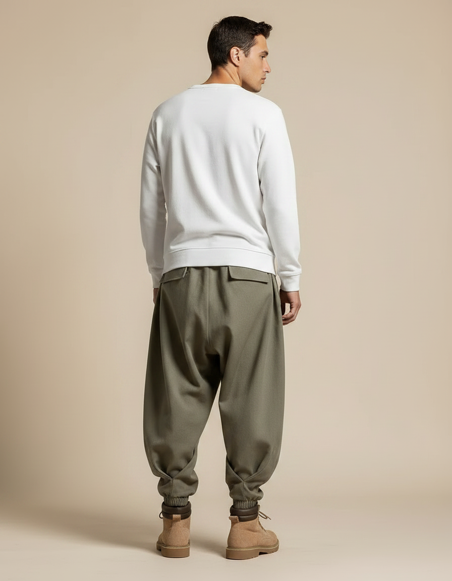 Pantalon Japonais Cargo Ample Vert Kaki Hiver - Molleton - vue 2